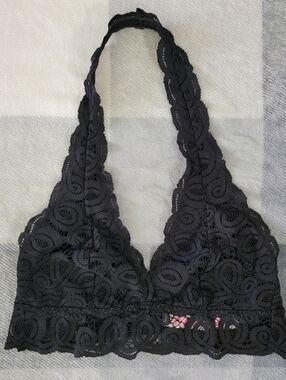 Victoria's Secret PINK Black Lace Halter Bralette Back Close Size Small